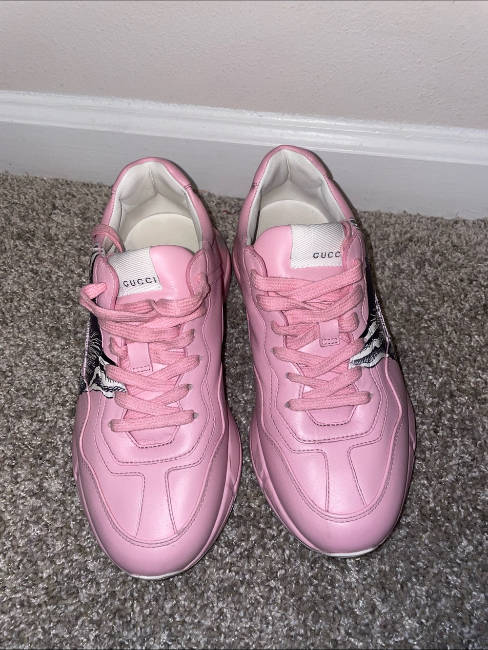 Authentic Gucci Pink Leather Women's Rhyton Sneakers with Embroidered Detail